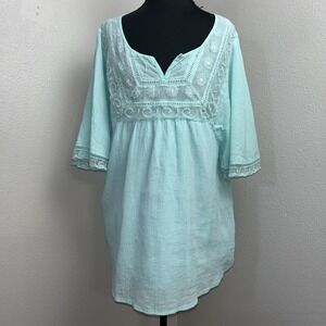 Tantrums Babydoll Top Womens M Teal Blue Embroidered Lined Lace Boho Cottagecore